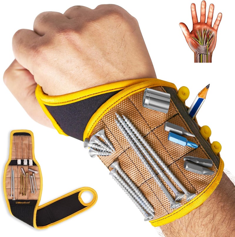 BINYATOOLS Magnetic Wristband for Tools Magnet Screw Holder Wrist Support Keeps Screws Nails Drill Bits Handy Unique Tool Gadgets for Men's & Dad Perfect Christmas Gifts Stocking Stuffers (Coyote Brown) - Image 1